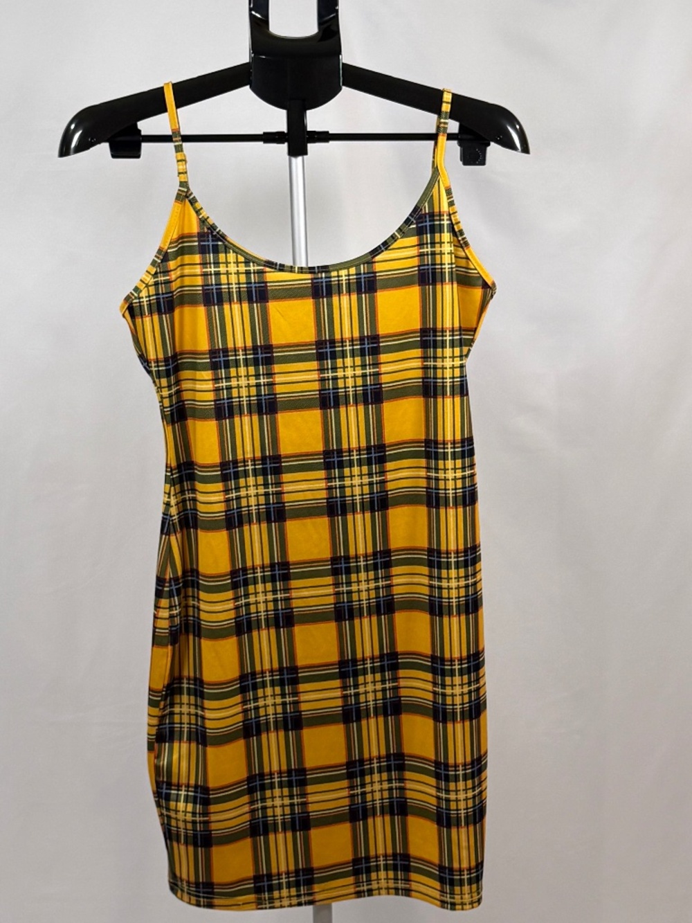Yellow Plaid Slip Dress Women’s L Y2K Clueless Preppy Grunge Spaghetti Strap